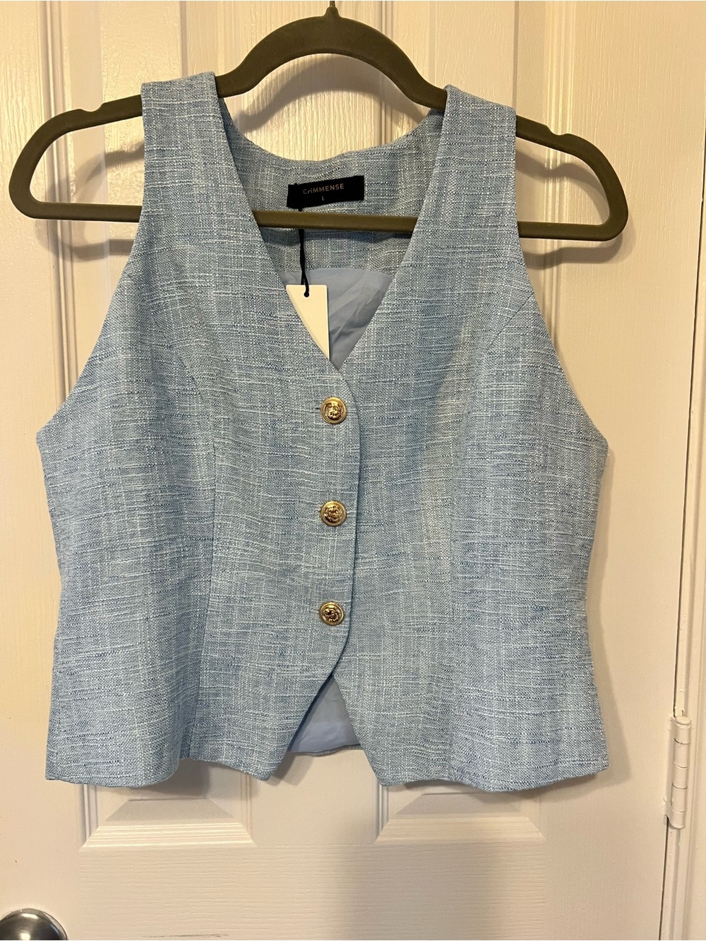 NWT Commense Light Blue Gold Button-Front Women's Vest, Size L